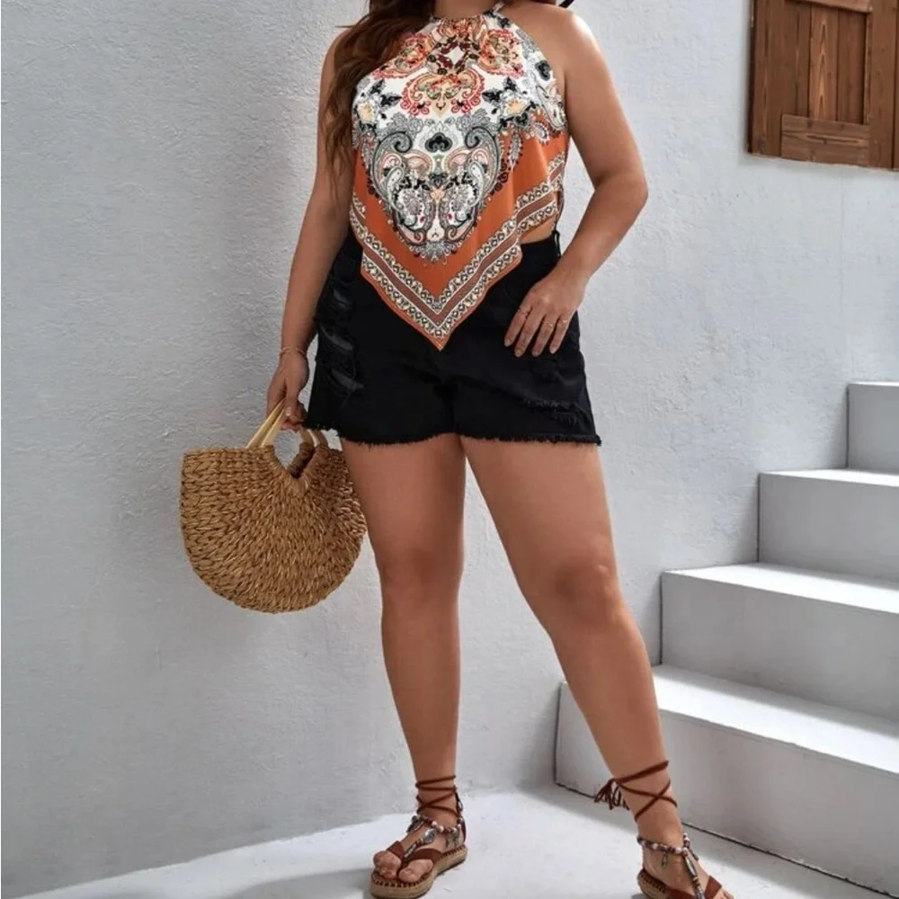 Boho Plus Size Scarf Print Halter Top - Picture 4 of 5